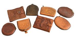 MB - Eight Hand-Tooled Leather Wallets & Pouches - Vintage Assorted Styles