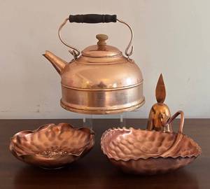 Vintage Copper Teapot, Bell and Dishes