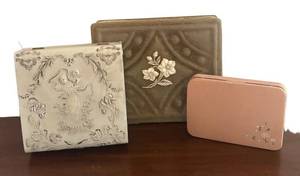 MB - Vintage Jewelry Box Trio - Embossed White, Green Velvet & Pink Interiors