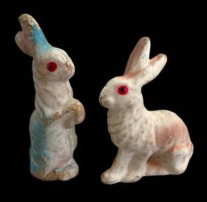 ULR - Two Vintage Papier-mch Bunny Figurines