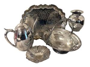 MB - Vintage Silver Plated Serving Set - Platter, Teapot, Vase and More