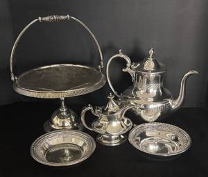 MB - Vintage Silver-Plated Pedestal Platter with Teapot, Pedestal Platter, Pots and Bowls