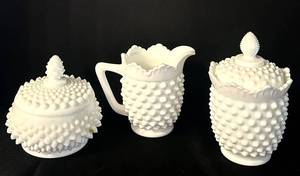 Vintage Milk Glass Hobnail Covered Dish, Pitcher & Jar Mixed Lot