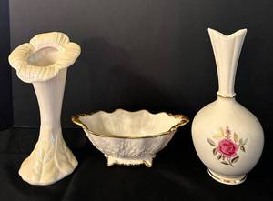 Lenox and Belleek Porcelain Vase & Bowl Set (3 Pieces)