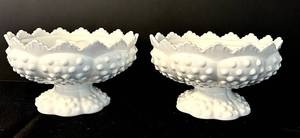 Pair of Vintage Fenton Milk Glass Hobnail Footed Candle Bowls