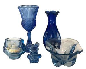 DR - Vintage Blue Glass Decorative Mixed Lot of 5 including a Vintage Indiana Cobalt Blue Vase