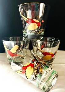 DR - Vintage Hazel Atlas Golden Pheasant Lowball Glasses (Lot of 4)