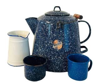 E - Bluestone Enamelware Coffee Pot, Pitcher & Mugs Mixed Lot