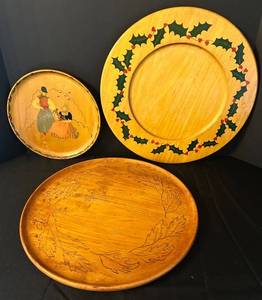 E - Vintage Hand-Painted Wood Plates (Lot of 3)