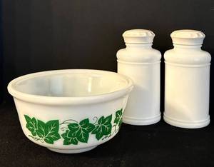 E - Vintage Hazel Atlas Milk Glass Bowl & Apothecary Jars Mixed Lot