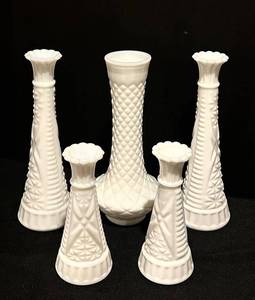 BSD - Anchor Hocking & Randall White Milk Glass Bud Vases Mixed Lot (Lot of 5)