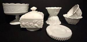 BSF - Vintage Milk Glass 7-piece Mixed Lot Serving & Decor Assortment