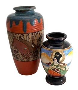 ULR - Vintage Japanese Seto Ware Pottery Vase & Vintage Hand Painted Moriage Nippon Satsuma Style Vase