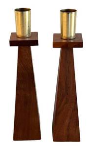 ULR - Two Vintage Mid Century Kustom Kraft Walnut Candle Holders