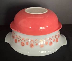 MB - Vintage Glasbake J-2357 Spring Garden Mixing Bowl & Vintage Pyrex Flamingo Pink Tab Handled Casserole Dish