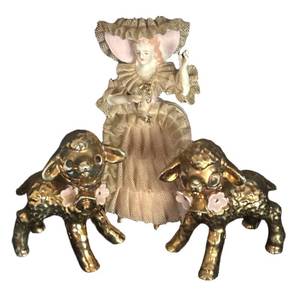 MB - Vintage Wales Porcelain Fancy Lady Figurine With Two Lamb Figurines