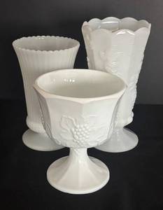 MB - Three Vintage Milk Glass Vases with Scalloped Rims and Embossed Motifs