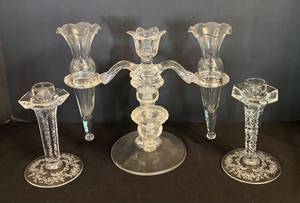 MB - Vintage Fostoria Crystal Floral Etched Candlesticks & Vintage Cambridge Arms Glass Candelabra