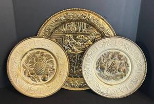 MB - 3 Vintage English Brass Wall Hanging Plates including aVintage Peerage England Embossed Brass Tavern Scene Wall Plaque and More