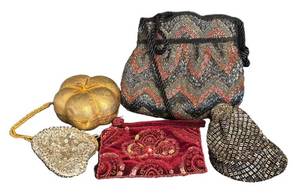 MB - Assorted Vintage Beaded Handbags & Pouches including a Vintage 1960s Italian Gold Florentine Finish Metal Tomato Shaped Clutch.