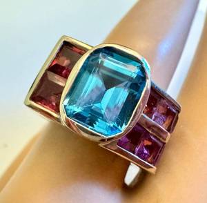Retro Style Blue Topaz & Tourmaline Cocktail Ring