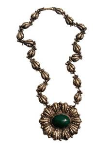 Vintage Sterling Silver Necklace With Green Cabochon Pendant