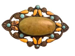 Antique Victorian Art Nouveau Enamel Brooch With Center Stone