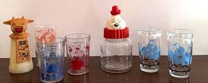 Vintage MCM Kitchen Glasses, Moo-Cow Creamer & Clown Jar (Lot of 7)