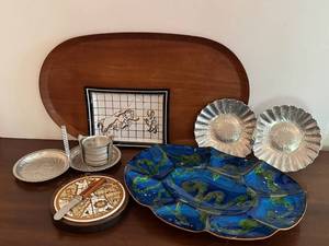 Mid-Century Tray Mixed Lot With Cera Cheese Server & Aluminum Servers