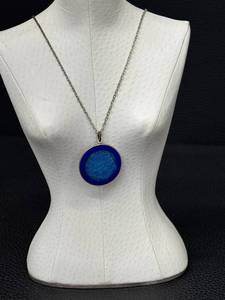 Vintage Enamel Pendant Necklace 30 in Silver Plated Chain