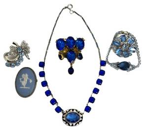 Vintage Blue Costume Jewelry Mixed Lot With Wedgwood Brooch