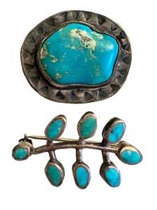 Vintage Turquoise Silver Brooches (Lot of 2)