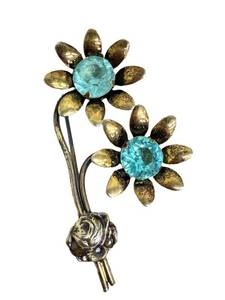 Vintage Sterling Silver Floral Brooch With Blue Rhinestones