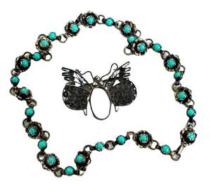 Silver Filigree Butterfly Brooch & Turquoise Bead Necklace Mixed Lot
