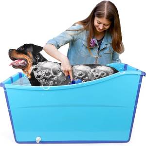 YUEPET Foldable Dog Bath Tub, Extra Large 49 Gal Portable Bath for Large Dogs, Drain Plug, Blue