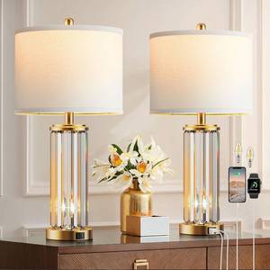 QiMH Gold Table Lamps (2) with Nightlight, 2 USB AC, Clear Nightstand Lamps, White Shade