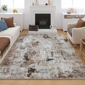 Rugcomf Modern Abstract Washable Rug 8x10, Non-Slip Low-Pile Area Rug, Brown