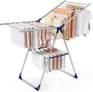 Sakugi Height-Adjustable Wings Clothes Drying Rack, Metal Foldable Laundry Dryer, Silver-Blue
