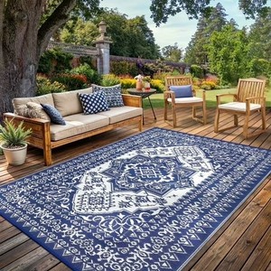 Garvee Outdoor Rug 8x10 Waterproof Reversible Plastic Straw Rug for Balcony, Dark Blue & White