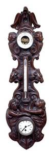LLSR - Vintage Ornate French Carved Wood Barometer Thermometer Clock