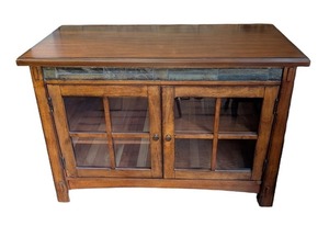 ML - Glass Front Oak Entertainment Cabinet with Slate Tile Inlay