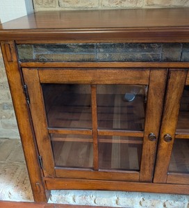 ML - Glass Front Oak Entertainment Cabinet with Slate Tile Inlay