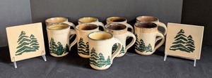 ML - Monroe Salt Works Pine Tree Mugs & Coasters (Lot of 11)