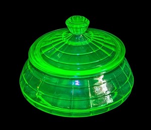 ML - Vintage Anchor Hocking Block Optic Green Uranium Glass Covered Jar