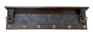 LLS - Vintage Carved Wood Wall Shelf With Lion Head Carvings & Hooks