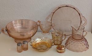 ML - Vintage Pink Depression Glassware Mixed Lot With Jeannette Sandwich Tray