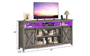 Espafurni - Farmhouse TV Stand for 80 inch TVs, Rustic Entertainment Center TV Cabinet Stands with Power Outlets and LED lights - Gray