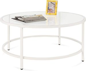 Best Choice Products 36in Modern Round Tempered Glass Accent Side Coffee Table for Living Room, Dining Room, Tea, Home Dcor wMetal Frame, Non-Marring Foot Caps White