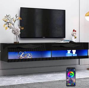High Gloss 70in Floating TV Stand with LED Lights for 85 inch TV, Wall Mounted LED TV Stand