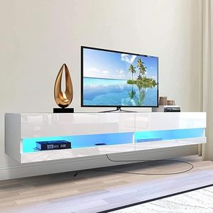 Floating TV Stand with LED Lights for TVs up to 80 inch, High Glossy Floating Entertainment Center, Modern Wall Mounted TV Shelf, Floating TV Stand Cabinet Living Room (White with AC Outlet)